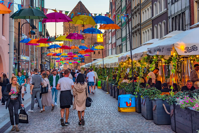 A street with hanging umbrellas, Gdansk